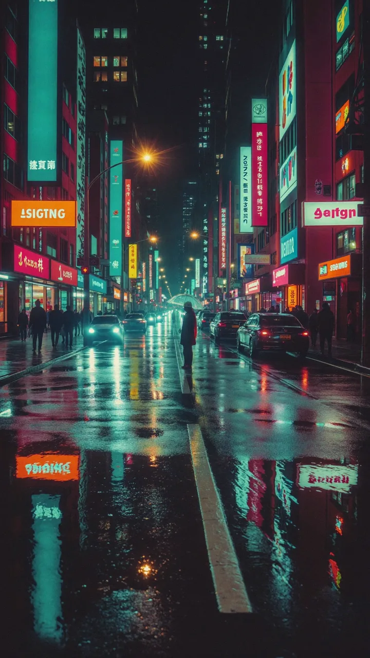 AI-generated neon city street in the rain